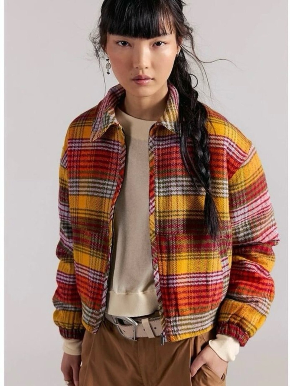 Free People Birdie Plaid Flannel Track Jacket Foliage Large NWT Preppy Bohemian